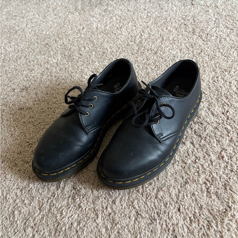 Dr. Martens Women's Black Leather Lace-Up Shoes with Yellow Stitching